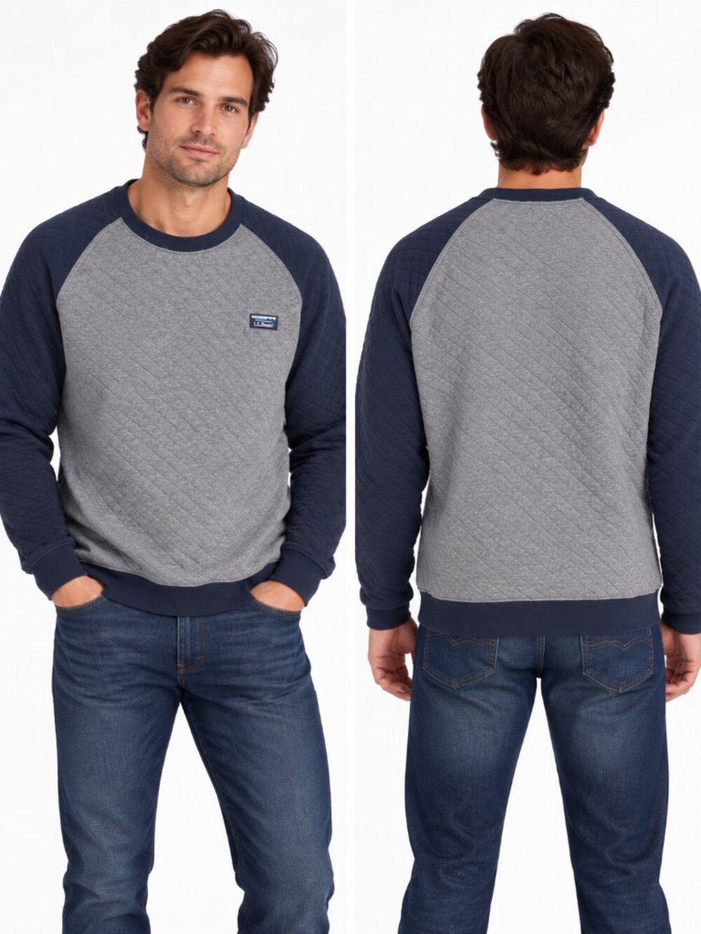L.L.Bean Quilted Colorblock Crewneck Sweatshirt Men's XL Gray Navy Casual Cozy